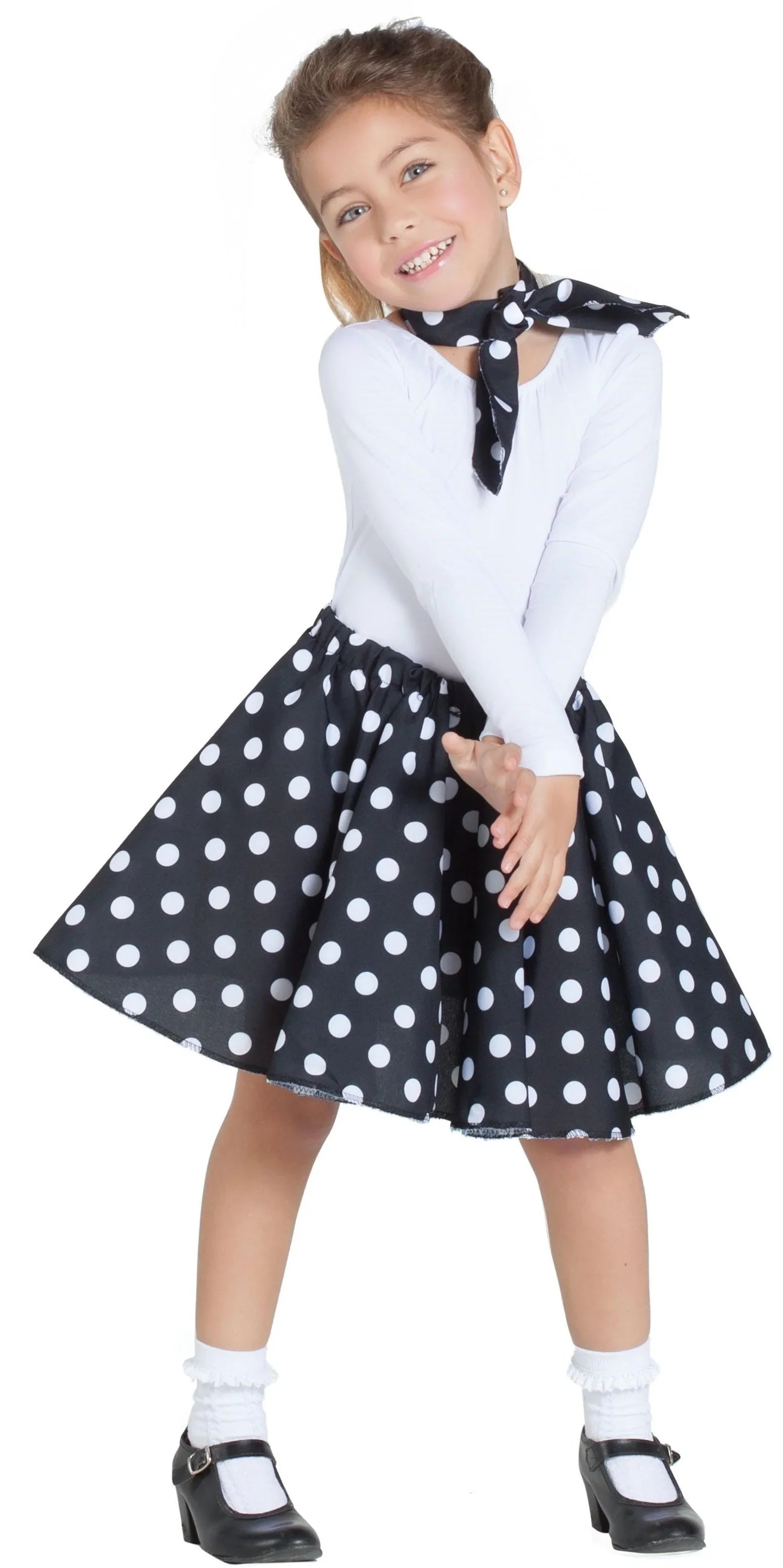 Falda Negra Años 50 con Lunares y Pañuelo Infantil Complementos Grease Años 40 - 50 Kimokawaii